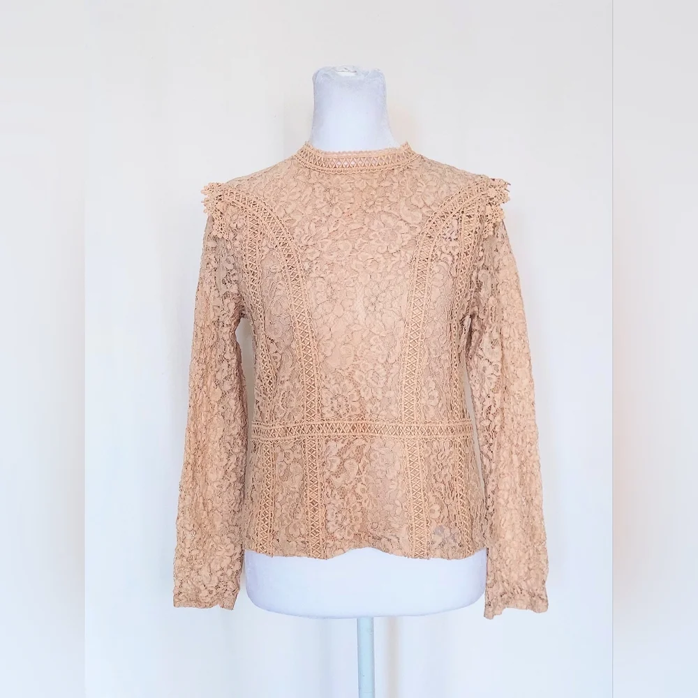 Zara Floral Lace Long Sleeve Mock Neck Blouse Womens XS Beige Nude